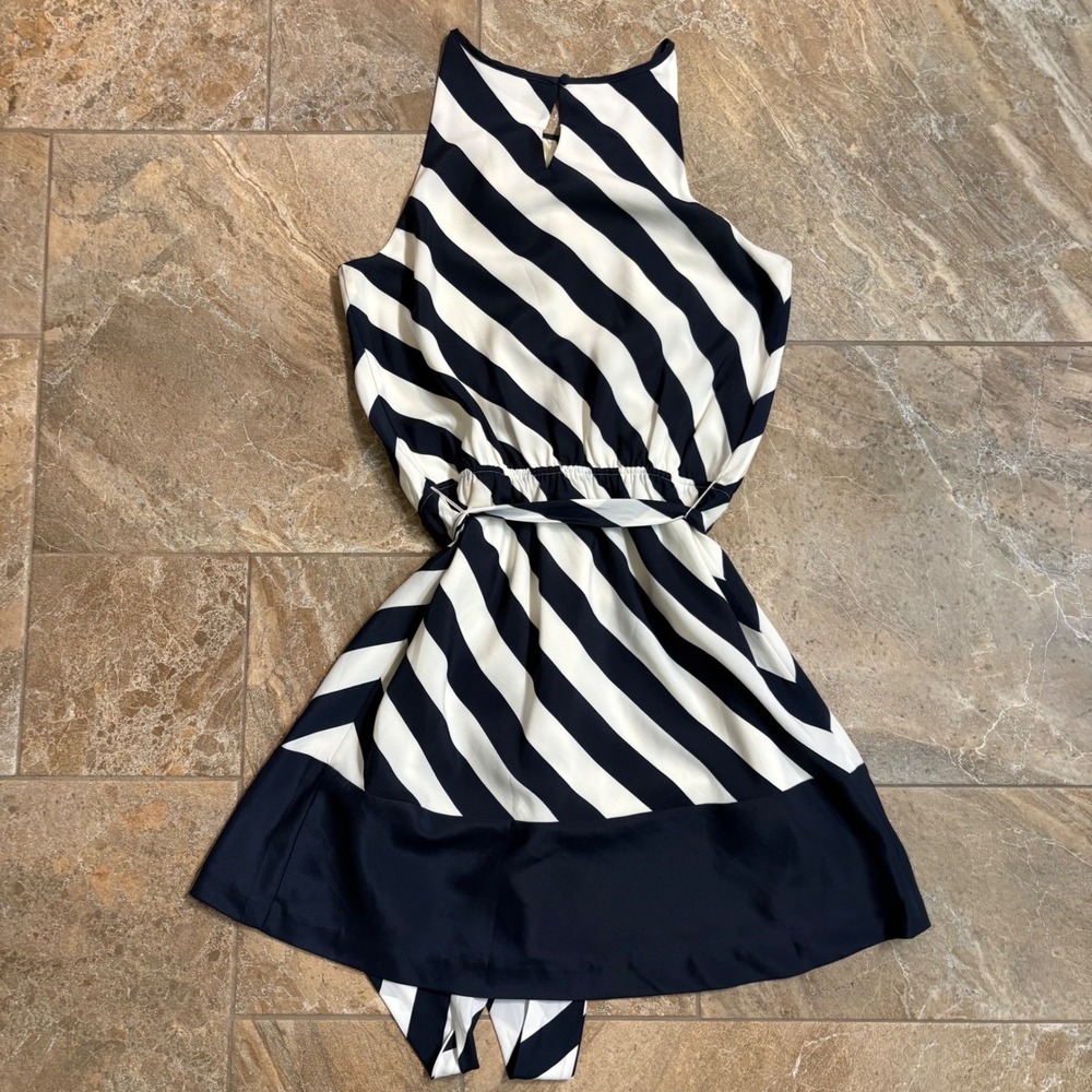 Express Navy Blue White Striped Sleeveless Belted Mini Dress Medium Nautical - Picture 3 of 7